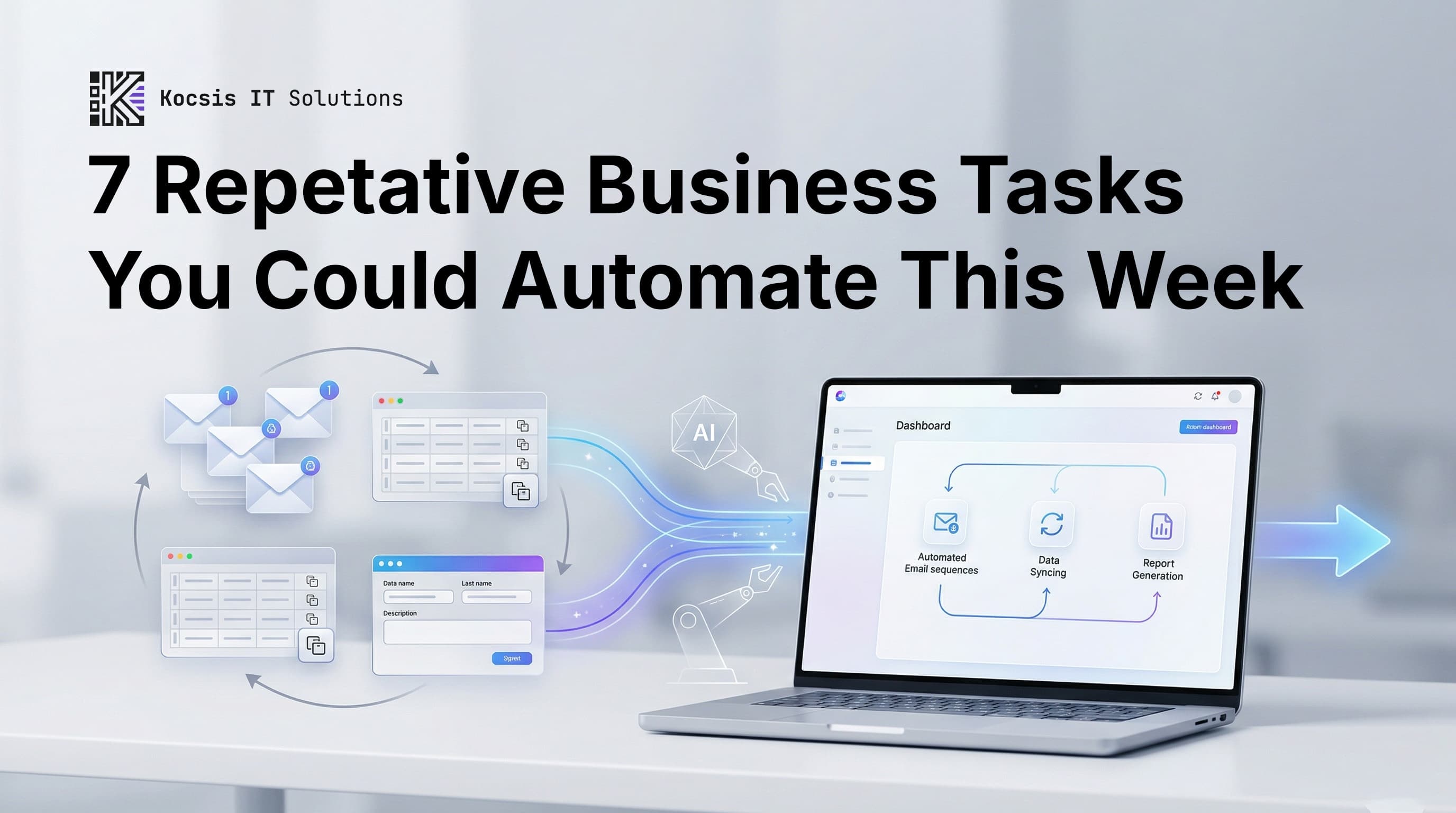 Business owner at a desk surrounded by a laptop showing automated workflow diagrams