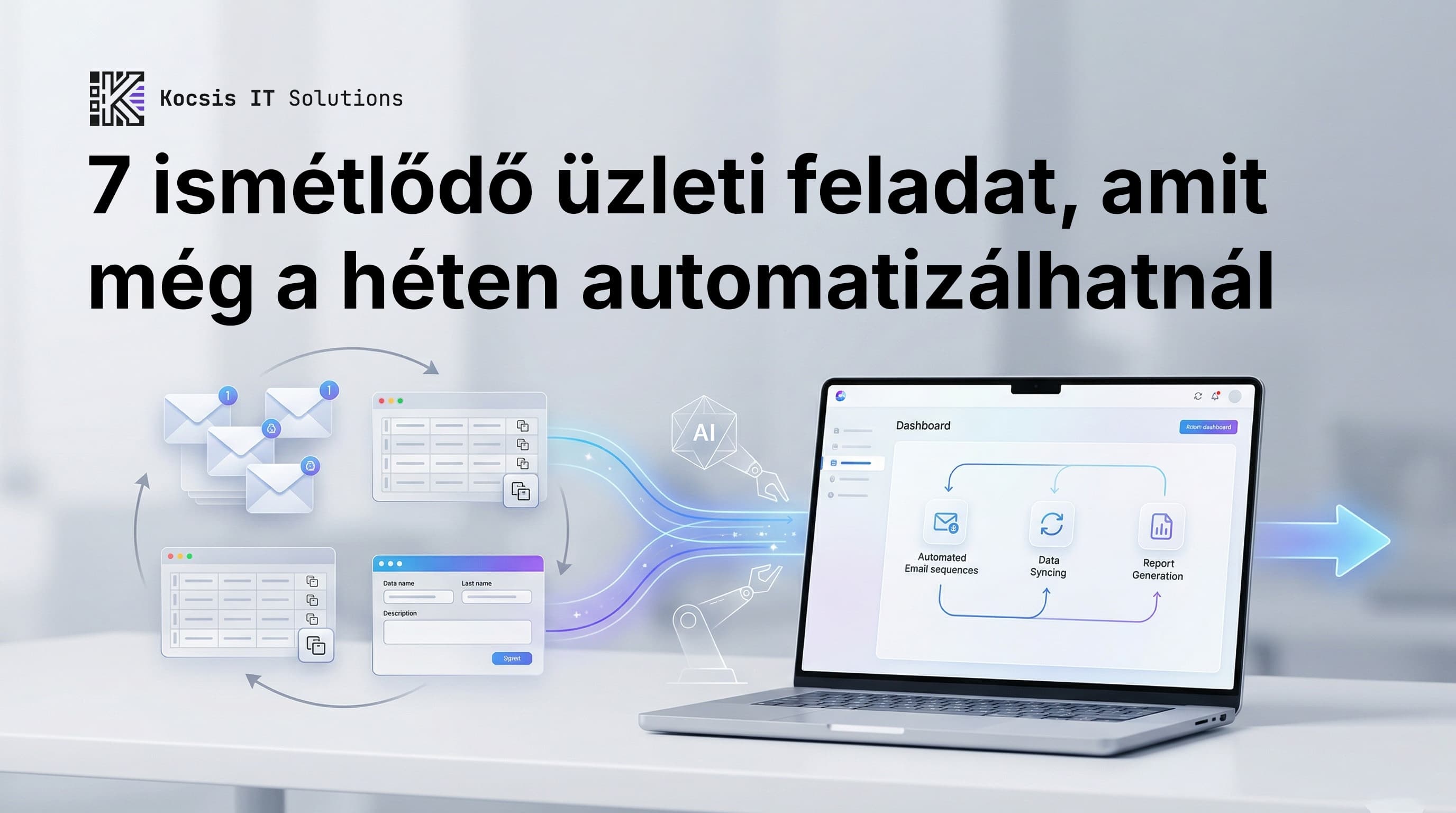 Üzlettulajdonos íróasztalnál, körülötte egy laptop automatizált munkafolyamat-ábrákkal