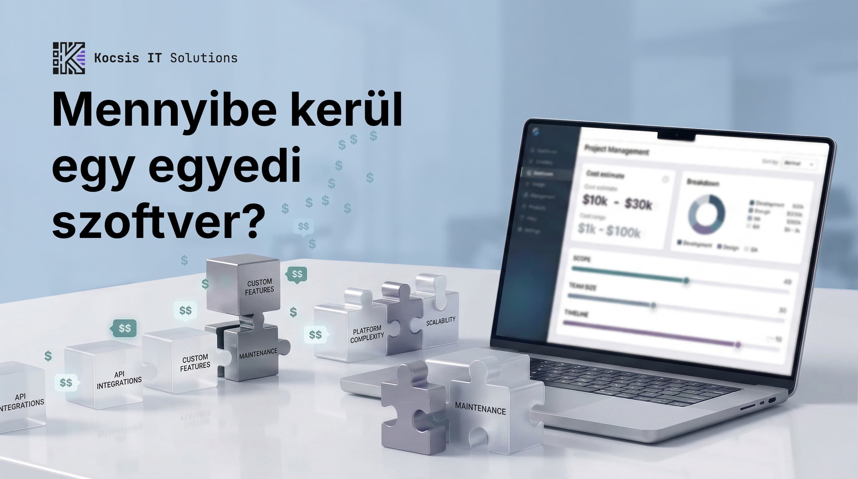 Vállalkozó laptopon néz át egy szoftverprojekt-javaslatot és költségbontást